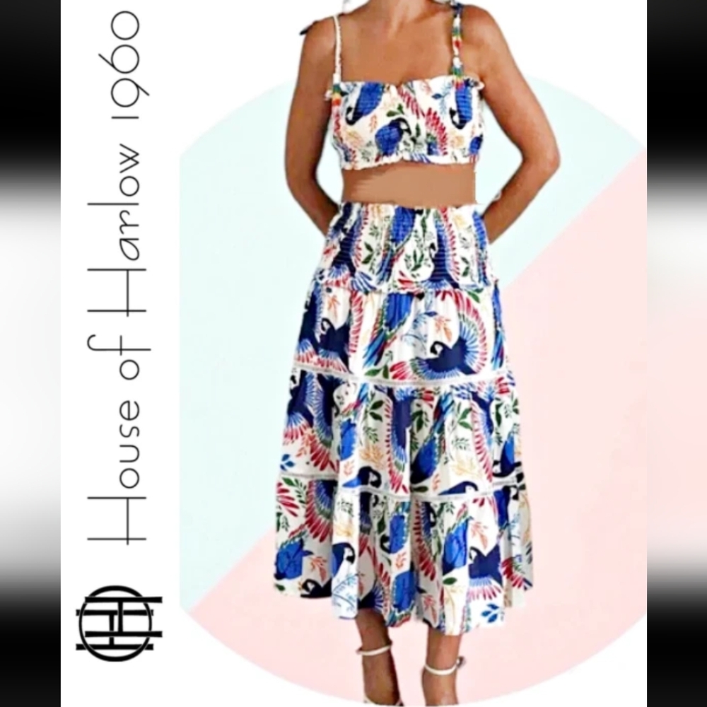 House Of Harlow Blue Macaw Linen Blend Smocked Tie String Crop Top